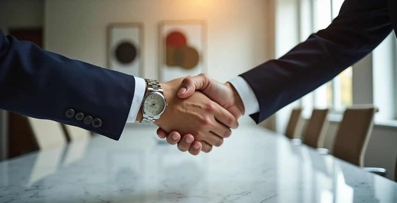 Poignée de main professionnelle scellant un accord énergétique