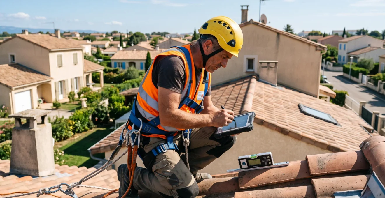 Artisan certifié RGE inspectant une toiture résidentielle française avec équipement de mesure professionnel, portant harnais et casque de sécurité, contexte chantier en journée