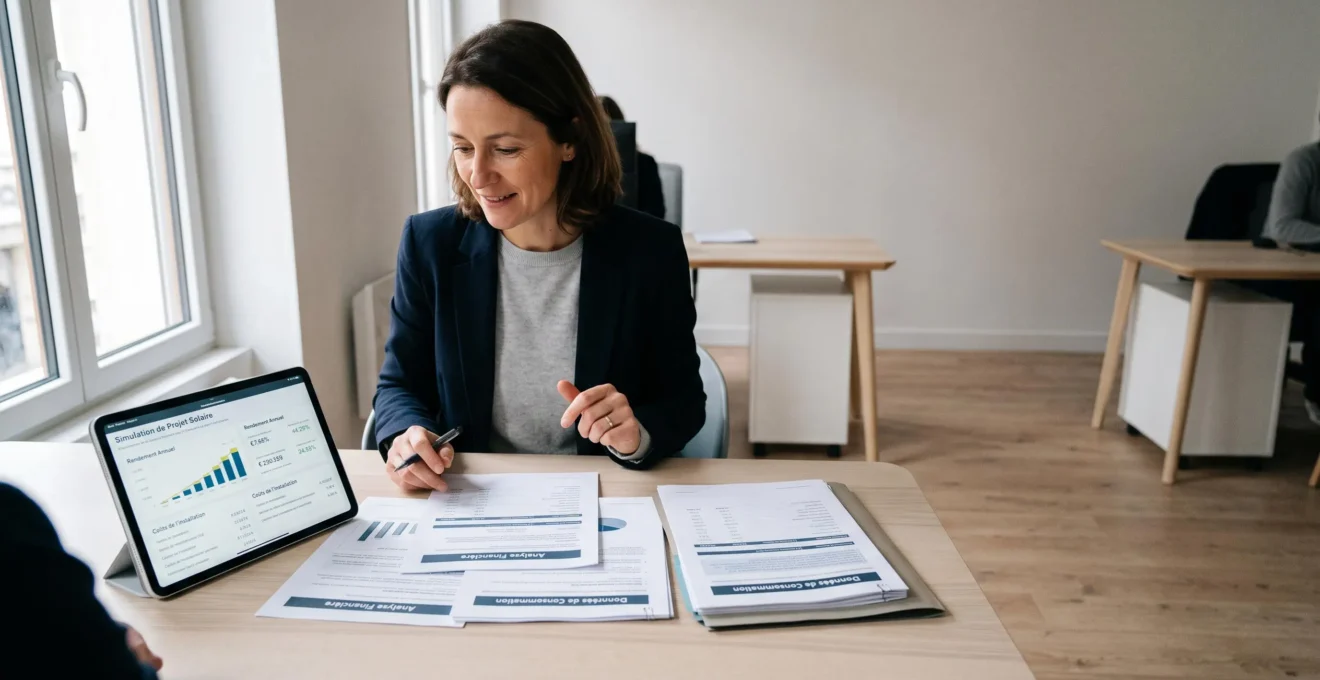 Personne consultant des documents financiers et une tablette numérique affichant des simulations dans un bureau de conseil contemporain, lumière naturelle latérale