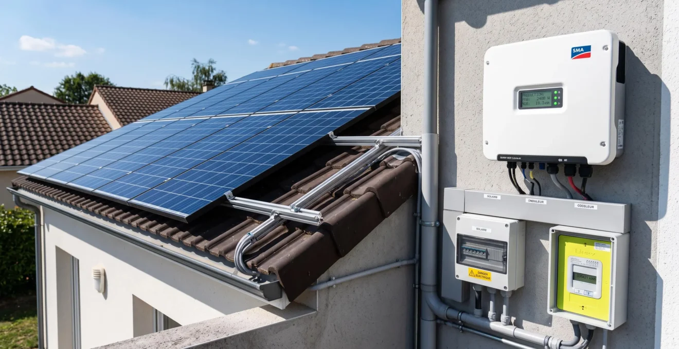 Installation photovoltaïque résidentielle avec panneaux solaires bleus sur toiture, onduleur blanc et compteur électrique visibles sur façade, équipement en fonctionnement sous lumière naturelle