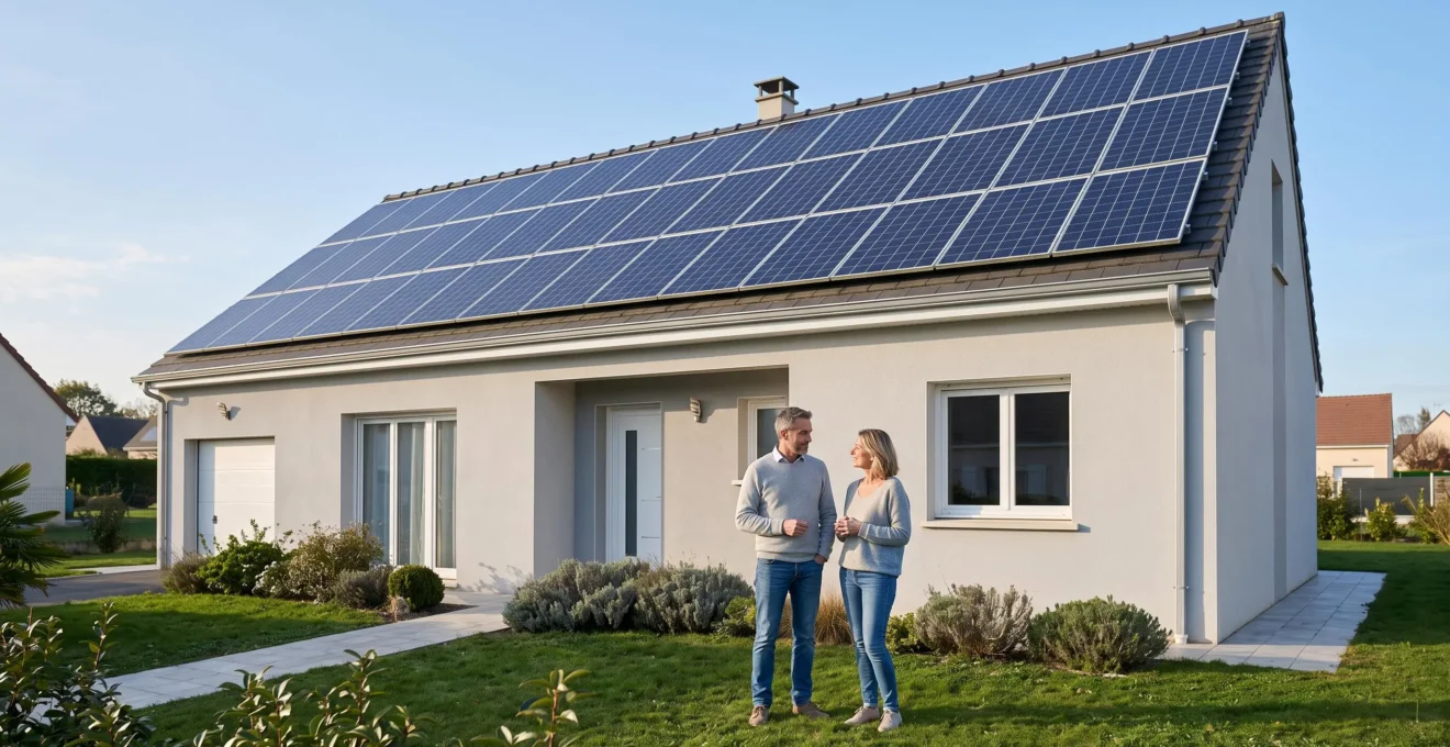 Maison individuelle française contemporaine avec panneaux solaires photovoltaïques installés sur la toiture, couple debout devant la maison en fin de journée, contexte résidentiel suburban