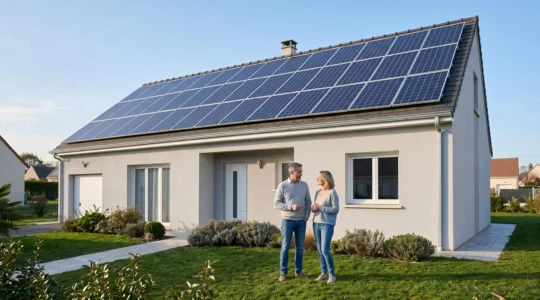 Maison individuelle française contemporaine avec panneaux solaires photovoltaïques installés sur la toiture, couple debout devant la maison en fin de journée, contexte résidentiel suburban